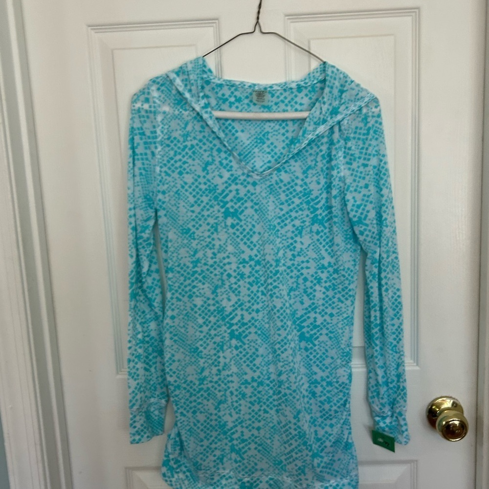 Soybu blue and white light weight long sleeve tee shirt. Hoodie